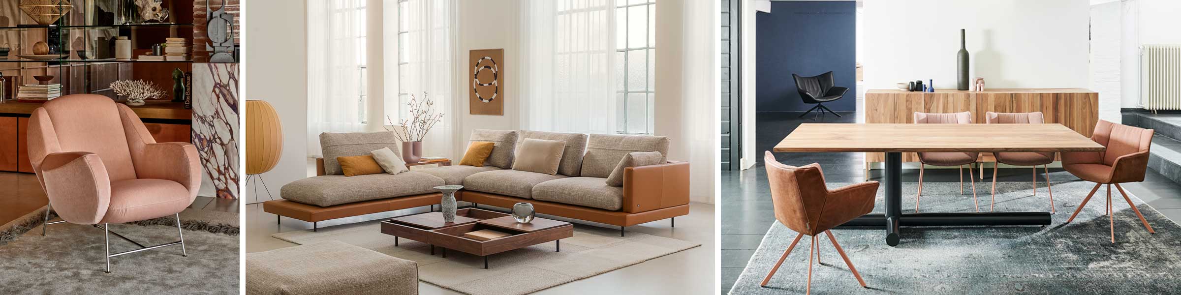 Collage van designmeubelen met links een roze fauteuil in een warme setting, in het midden een beige hoekbank met bruine accenten in een lichte woonkamer, en rechts een houten eettafel met gestoffeerde stoelen in een moderne ruimte