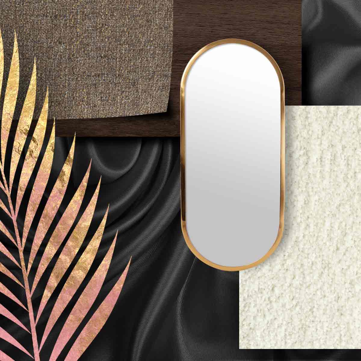 flatlay van materialen, printjes en stoffen die bij de woonstijl hotel chique passen