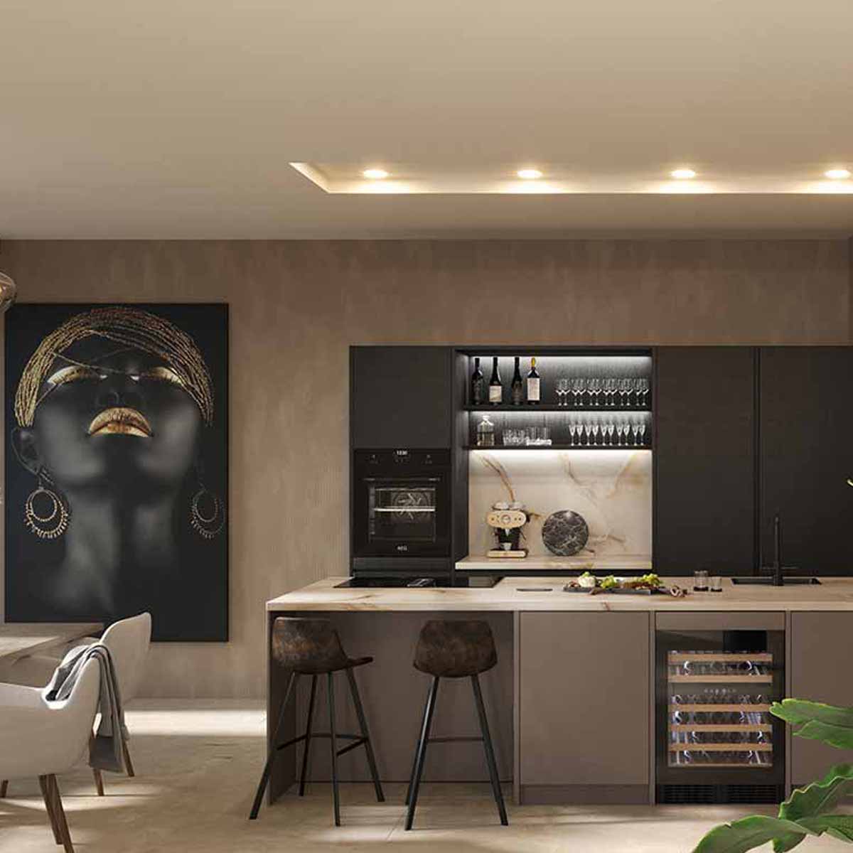 Keuken van Superkeukens in de woonstijl hotel chique met zwarte en gouden accenten