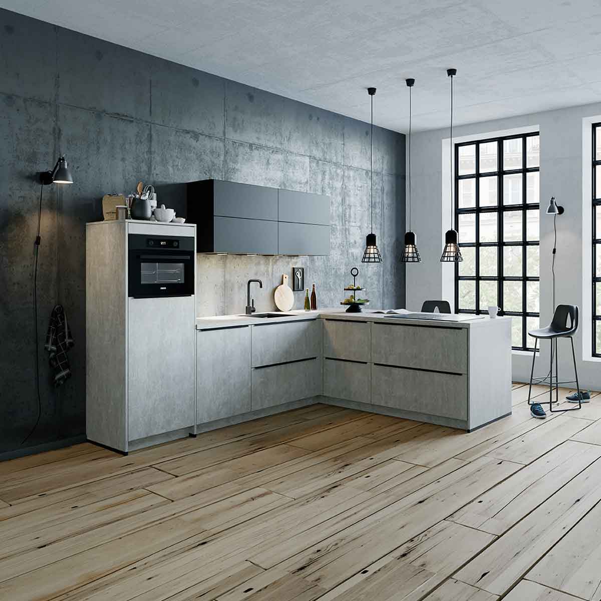 Sfeerbeeld van een industriele stoere keuken in de kleur grijs