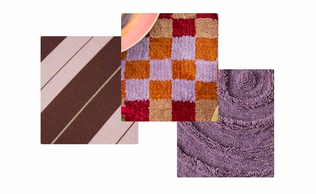 Stoffenstalen met bruin-roze strepen, kleurrijk ruitpatroon en paarse textuur in cirkels