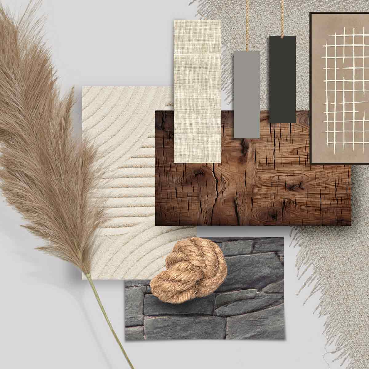 Collage Japandi interieur met stoffen, patronen, dessins in lichte en zachte kleuren