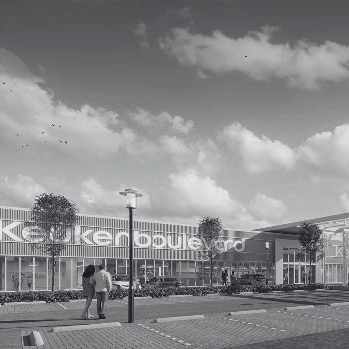 vooraanzicht van de Keukenboulevard in Wolvega met mensen