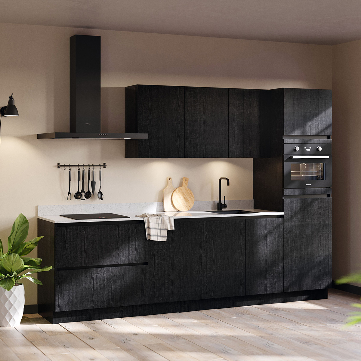 Keuken van Keukendepot in het zwart met een houtnerf