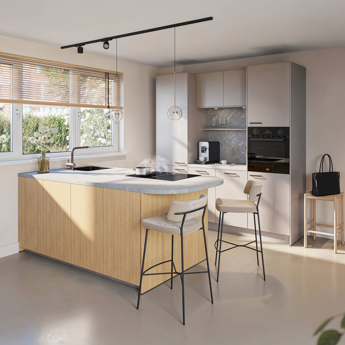 Keuken van Keukendepot in een organische vorm met hout en grijs