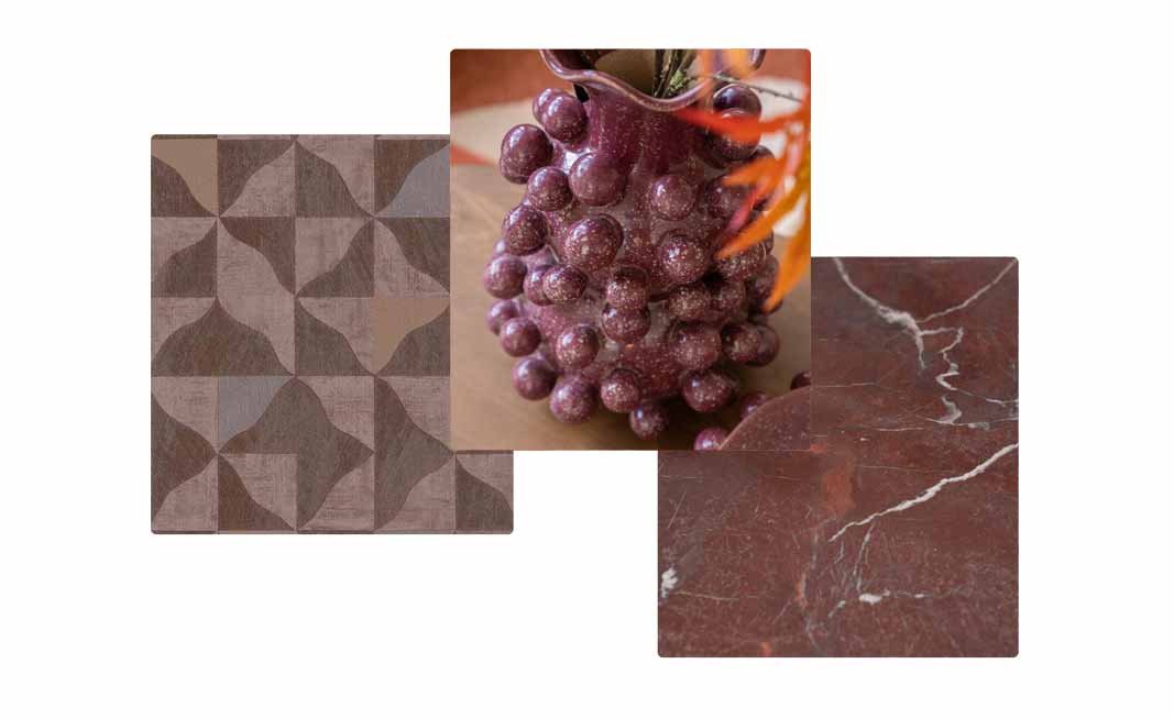 Materialen in warme bruintinten met geometrisch patroon, bolvaas en marmerstructuur