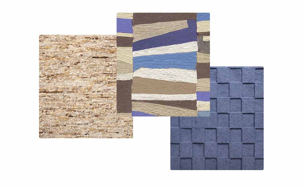 Drie stoffen stalen met beige textuur, blauw patroon en blauw geweven blokmotief