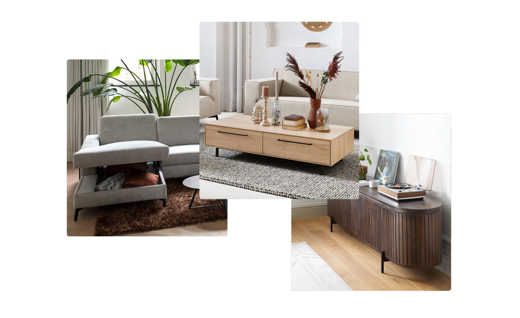 Drie losse afbeeldingen met verschillende opbergmogelijkheden in huis