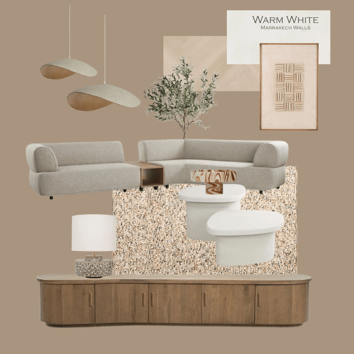Een Japandi en Wabi-sabi stijl interieuradvies moodboard van Home Center met organisch gevormde beige banken, een houten dressoir, organische witte salontafels, natuurlijke hanglampen en een structuur vloerkleed tegen een warme taupe achtergrond