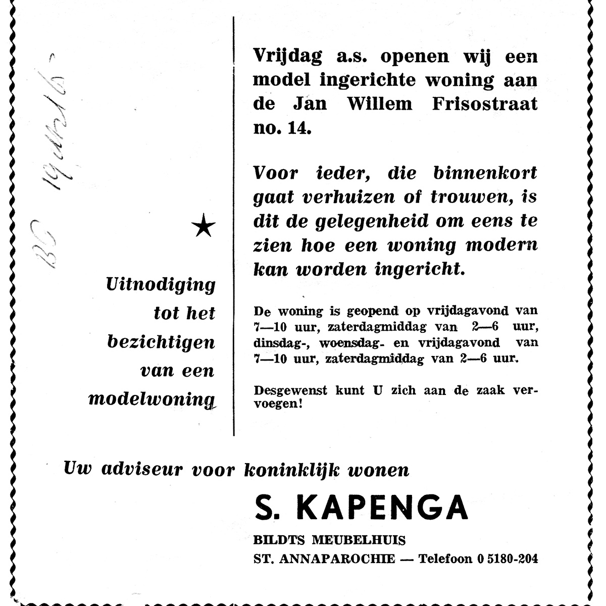 artikel uit de krant van vroeger met een uitnodiging van de meubelwinkel