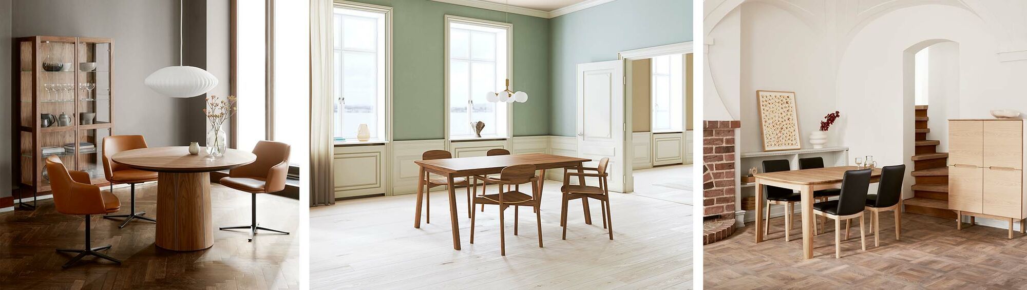 Eetkamers met houten Skovby eettafels in verschillende stijlen, gecombineerd met moderne stoelen en kasten in warme interieurs.