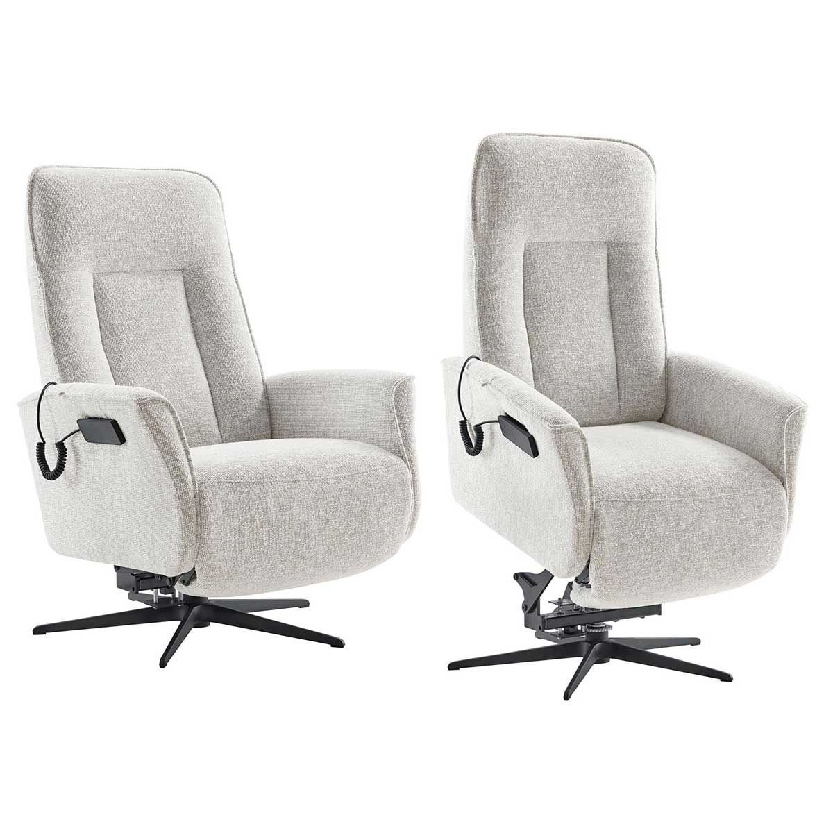 Sta-op fauteuil in lichte stof met elektrische bediening en draaivoet voor extra comfort