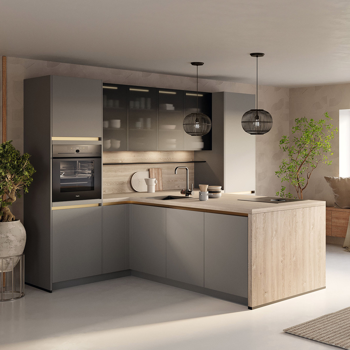 Keuken van Superkeukens in het grijs met licht hout in een T-opstelling