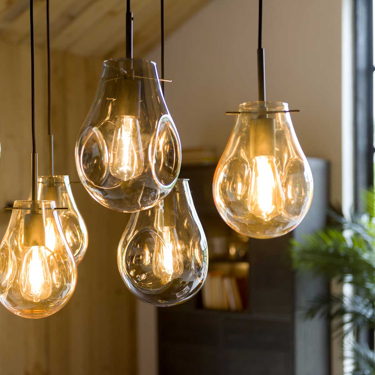 Vier lichtbollen die hangen en een organische vorm lichtbol hebben