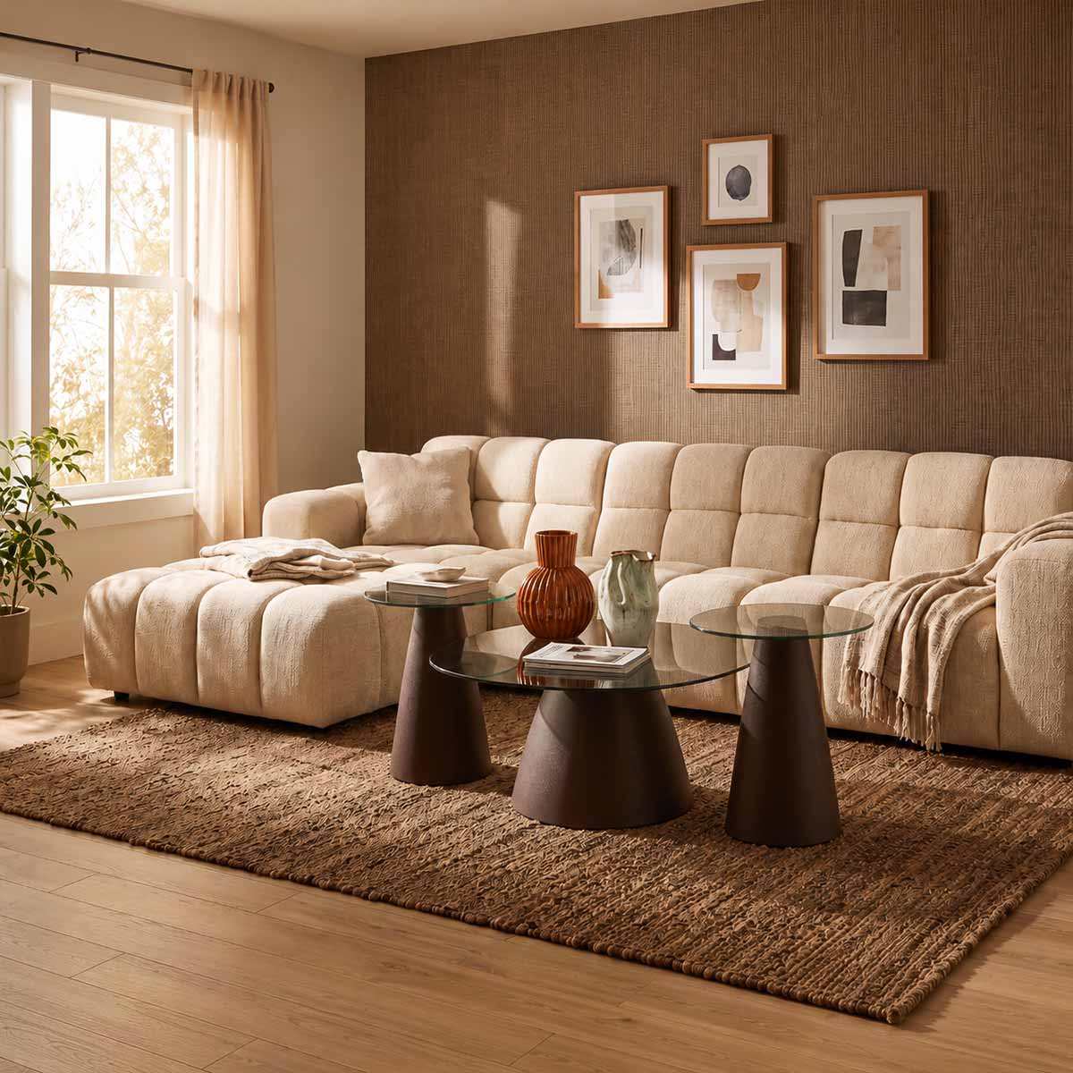 Crafted Calm woontrend 2027 met crème hoekbank, glazen salontafels met donkere voet, bruin vloerkleed, natuurlijke texturen en warme aardetinten