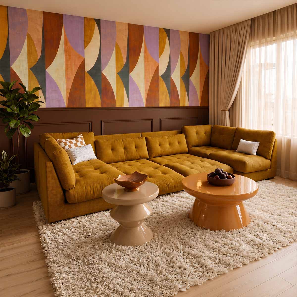 Dusk Harmony woontrend 2027 met okergele hoekbank, hoogpolig crème vloerkleed, organische salontafels en grafisch behang in warme mediterrane kleuren