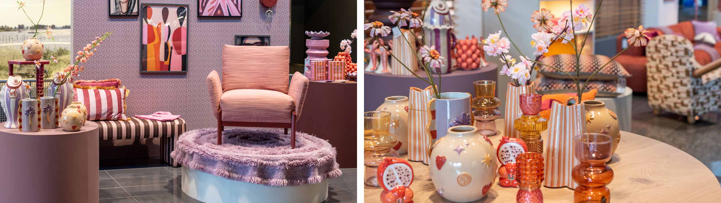 Kleurrijke woonkamer met roze fauteuil, speelse vazen, bloemen en decoratieve accessoires