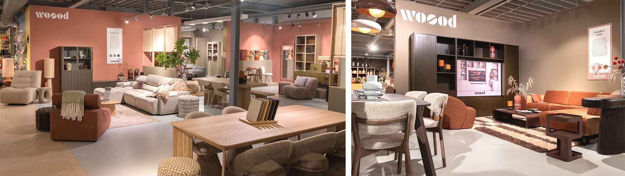 Grootste WOOOD showroom met zithoeken, eettafels, fauteuils, kasten, woonaccessoires en roze en beige wanden. in Home Center Wolvega