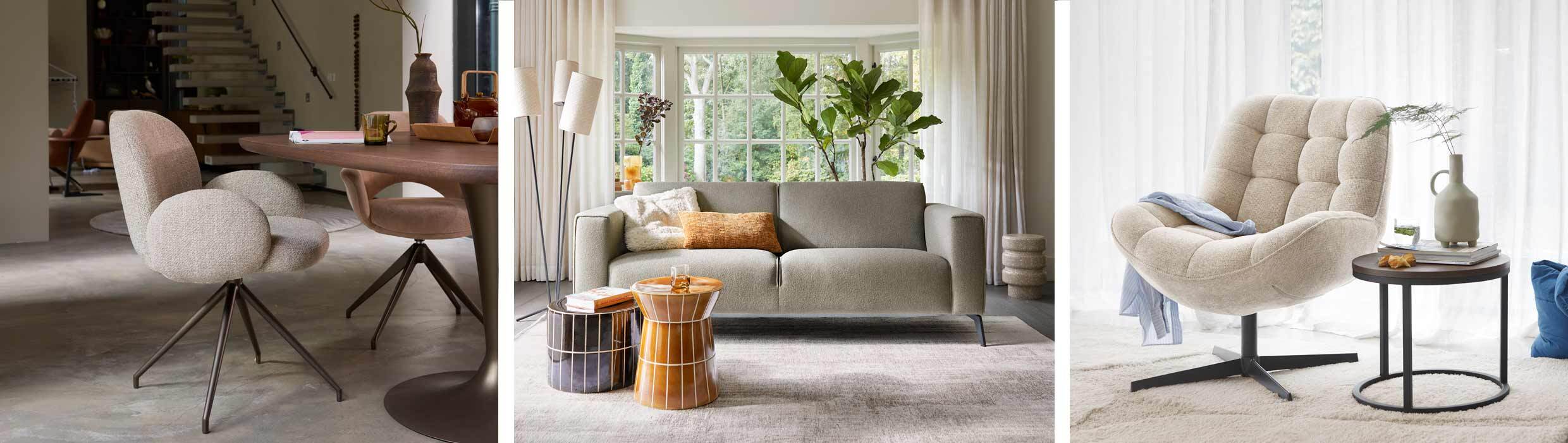 Zitmeubelen: Moderne zithoeken met beige fauteuils, bank, ronde vormen en rustige natuurlijke kleuren