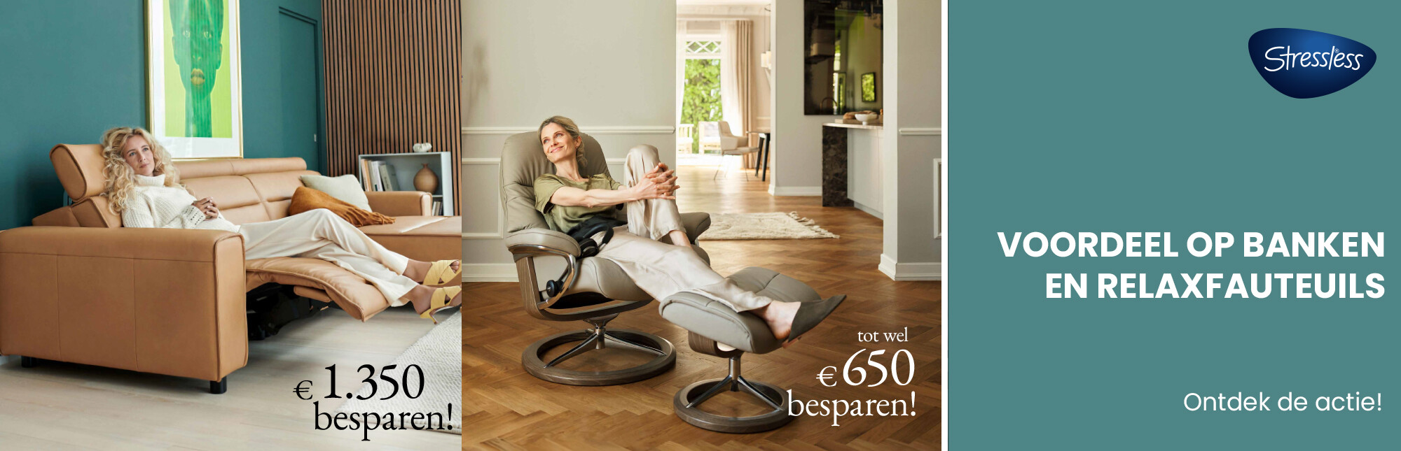 twee vrouwen op een bank en fauteuil van Stressless met korting