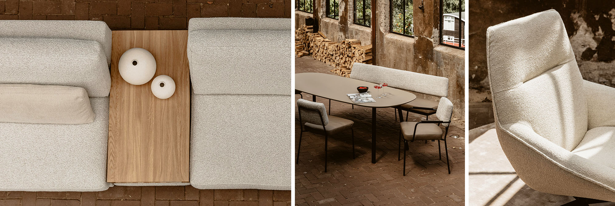 Cartel Living designmeubelen: een moderne modulaire bank met houten tafelelement, een stijlvolle eethoek met een ovale tafel en een comfortabele beige loungestoel in een industrieel interieur.