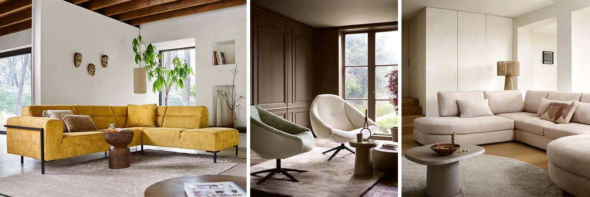 Banierafbeelding met een overzicht van stijlvolle interieurs van INHOUSE, waaronder een gele hoekbank, een witte draaifauteuil en een ruime beige loungebank, met een moderne en warme uitstraling.