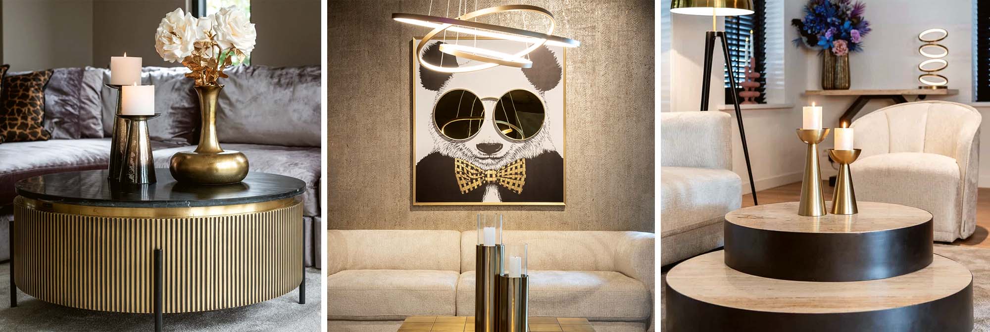 Richmond Interiors banier met luxe interieurinspiratie, inclusief een zwarte en gouden salontafel, decoratieve kandelaars, een moderne kunstprint met spiegelaccenten en een stijlvolle beige zithoek met gouden accessoires.
