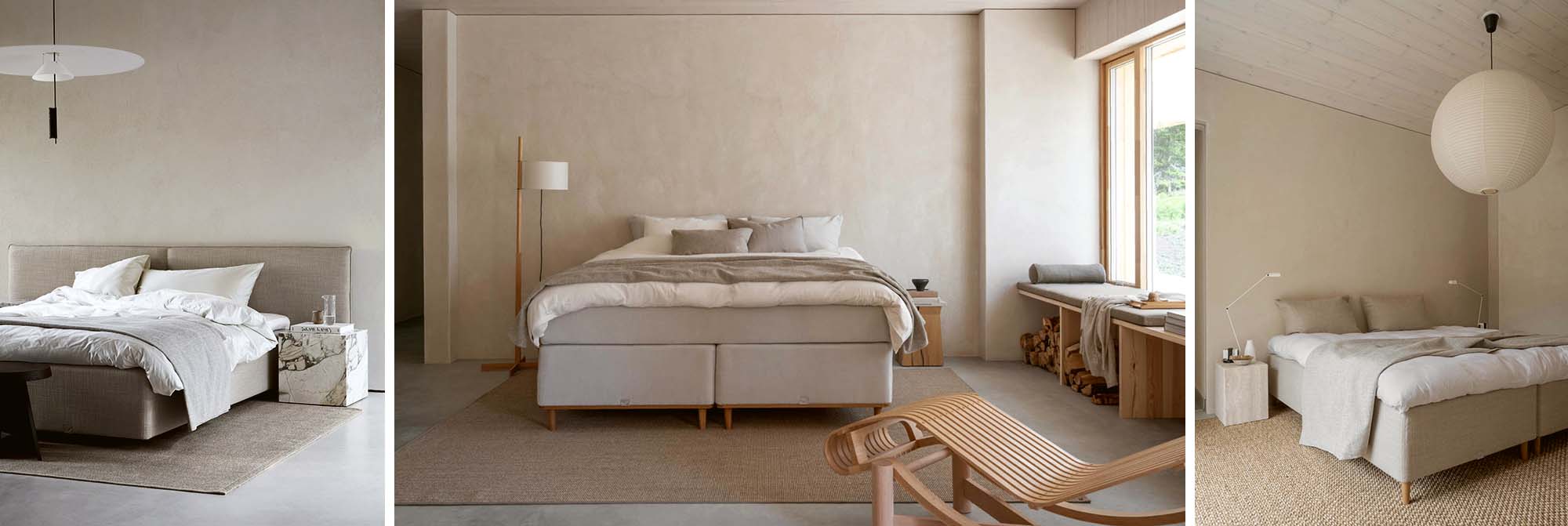 Luxe Scandinavische slaapkamers met boxspringbedden van Viking Beds, gestoffeerd in neutrale tinten, omringd door natuurlijke materialen en een rustgevende sfeer.
